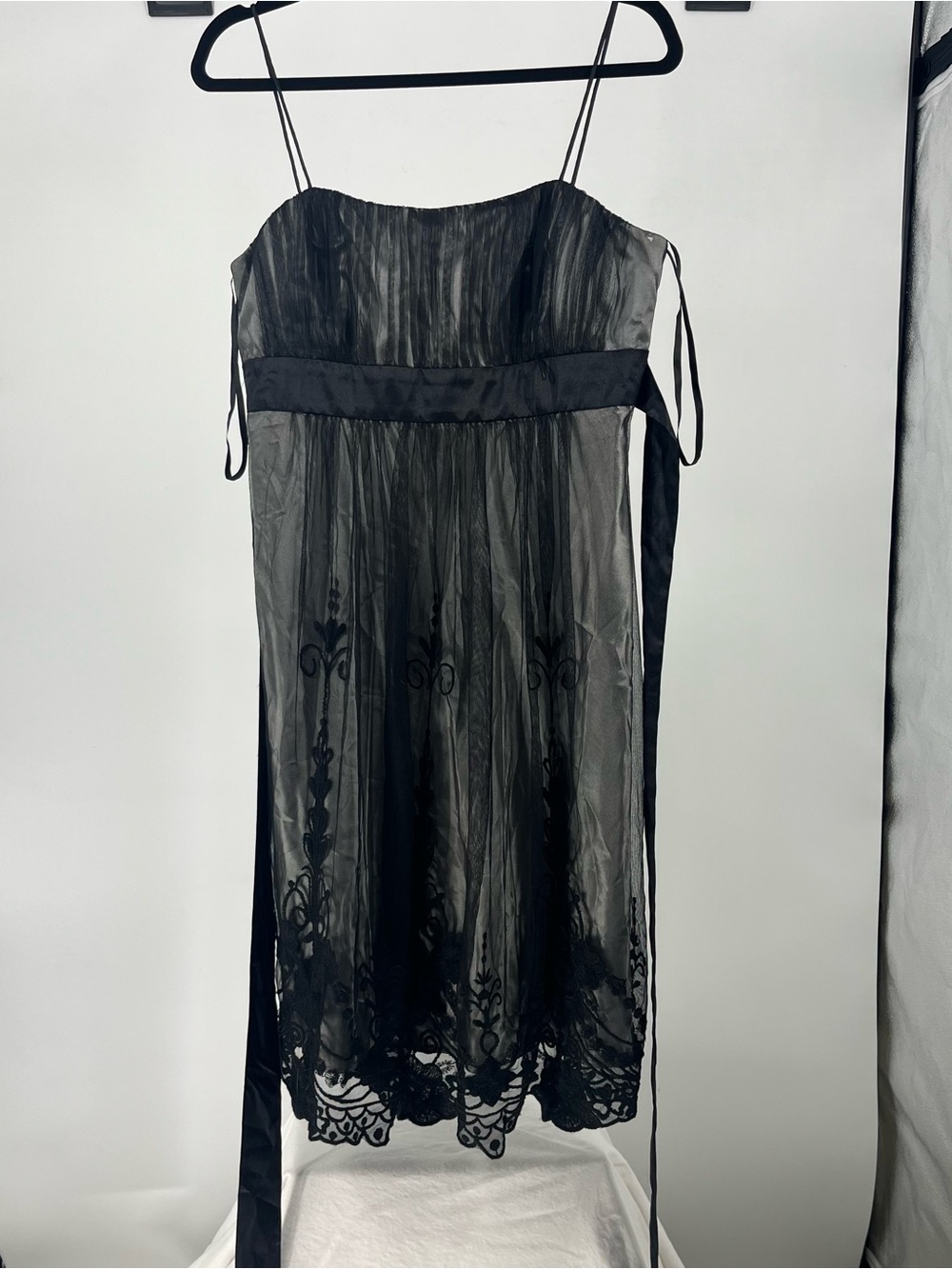 S.L. Fashions Black Sheer Lace Strapless Slip Dress